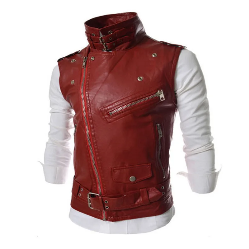 Men's Leather Waistcoat Korean Slim Fit Zipper Lapel Short Leather Waistcoat Vest Coat Solid Color