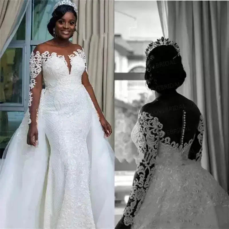 

Plus Size Dress Long Sleeves Illusion Mermaid Detachable Skirt Lace Bridal Wedding Gown Vestido De Noiv