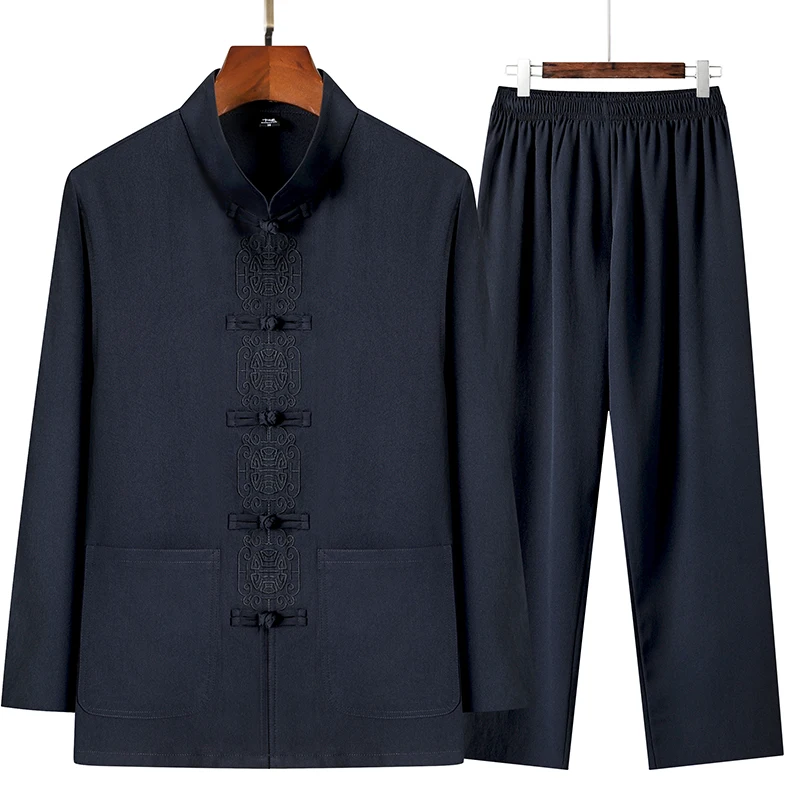 2 Pcs/Set Men Tang Suit Set Chinese Traditional Clothes Hanfu Elastic Waist Wide Leg Soft Mid-aged Men Shirt Trousers Sets 1