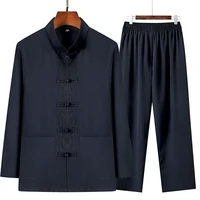 2 Pcs/Set Men Tang Suit Set Chinese Traditional Clothes Hanfu Elastic Waist Wide Leg Soft Mid-aged Men Shirt Trousers Sets