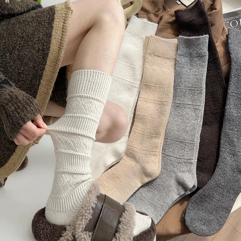 Fashion Cozy Diamond Hollow Knitted Socks for Women Soft Warm Home Long Tube Socks Autumn Winter Stockings Boots Socks