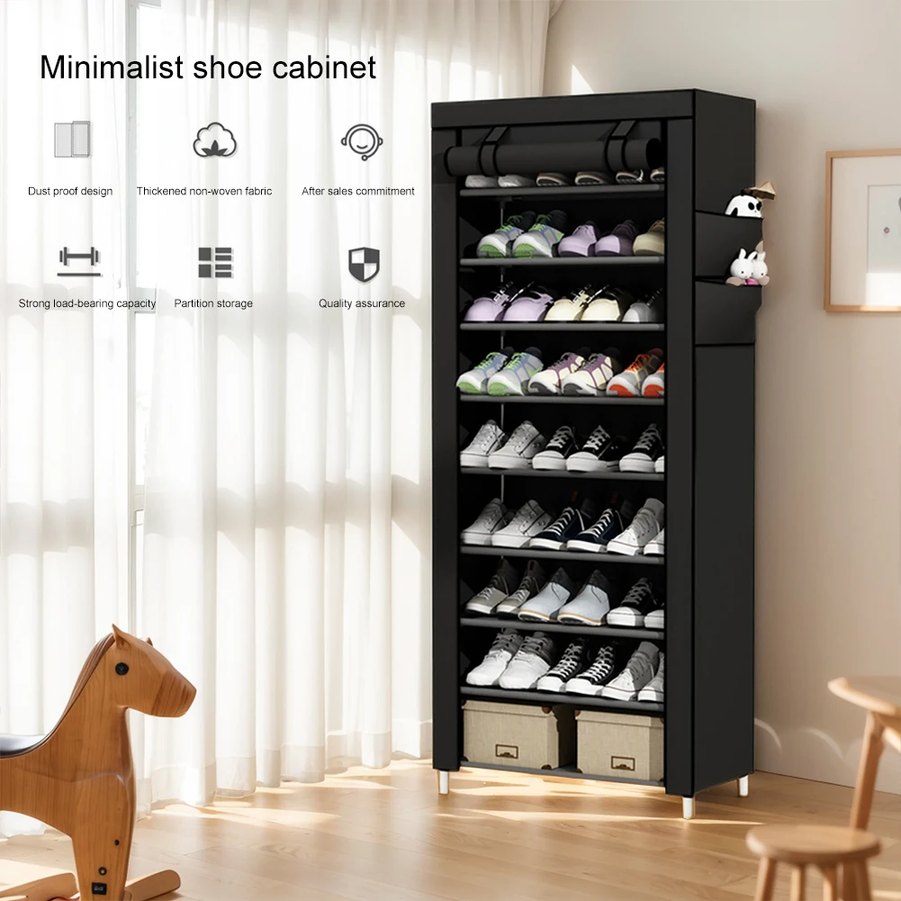 10 Layers Shoes Cabinet with Fabric Cover Dustproof Shoes Storage Rack Metal Shoe Rack for Home Student Dormitory Office Worker