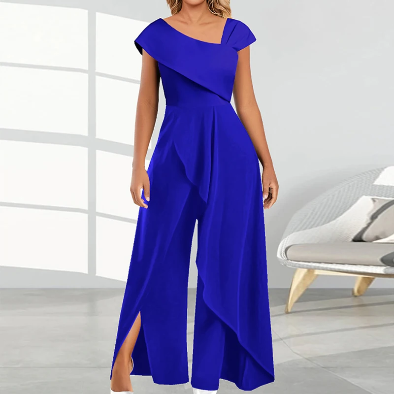 

Elegant Short Sleeve Office Wide Leg Romper Summer Solid Color Diagonal Collar Jumpsuit Lady High Waist Slim Split Pant Playsuit