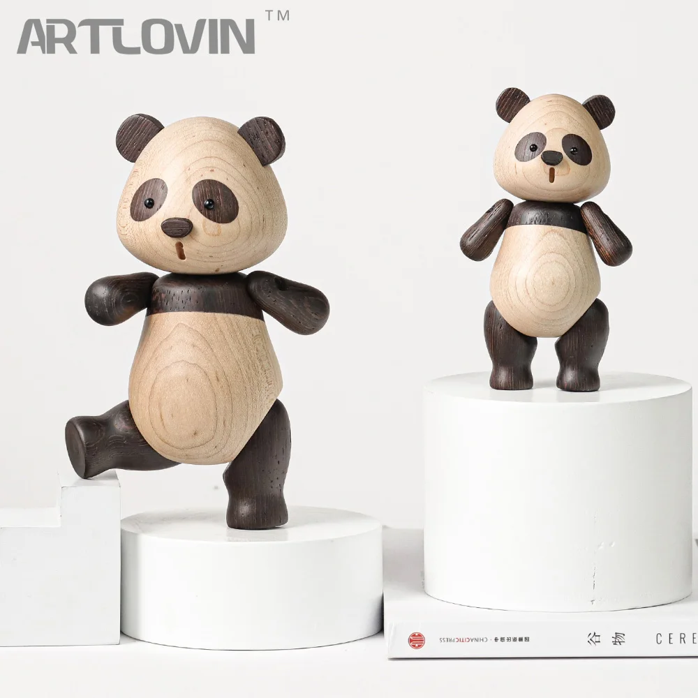 Luxury Wooden Panda Figurines Quality Original Animal Miniature Wood Sculpture Decorative Living
