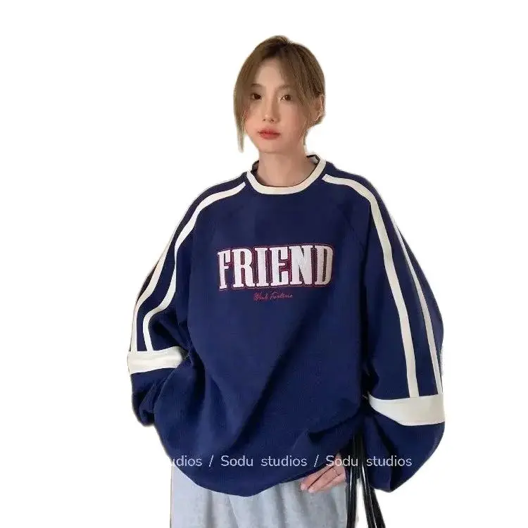 Korea Sweatshirts Fashion Round Neck Street Loose Long-sleeved Retro Jackets Autumn Letter Print Casual Pullover Tops
