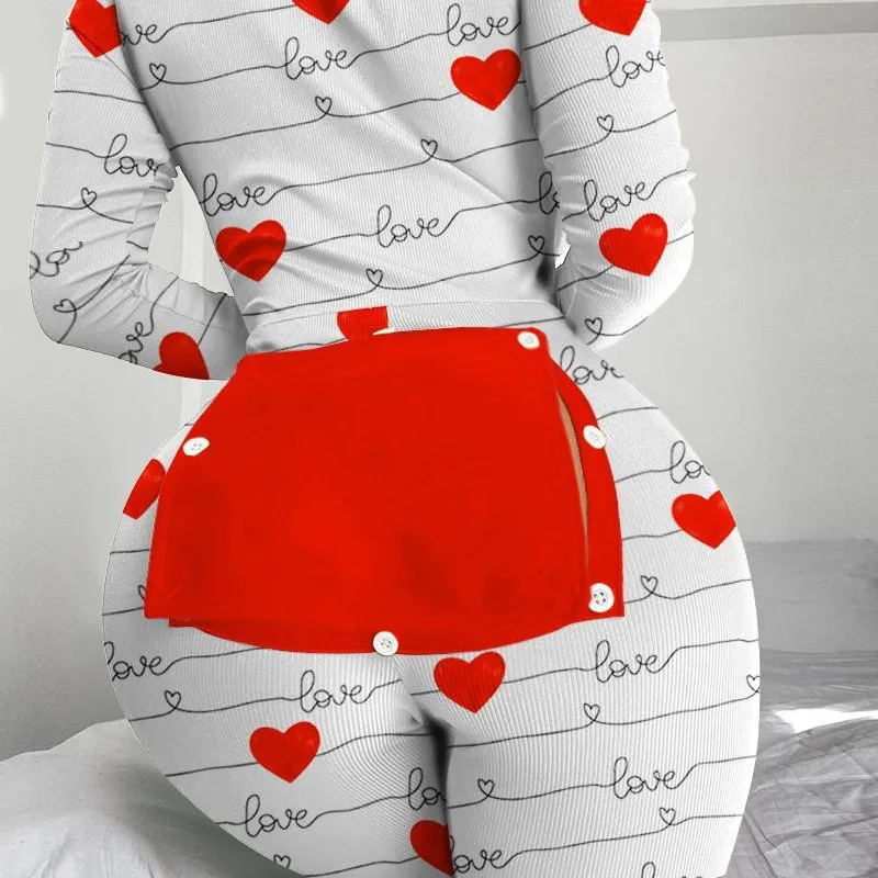 Women's Jumpsuit Y2k Heart Print Functional Buttoned Flap Sleep Onesie Long Sleeves Jump Suits for Female 2023 Autumn and Winter