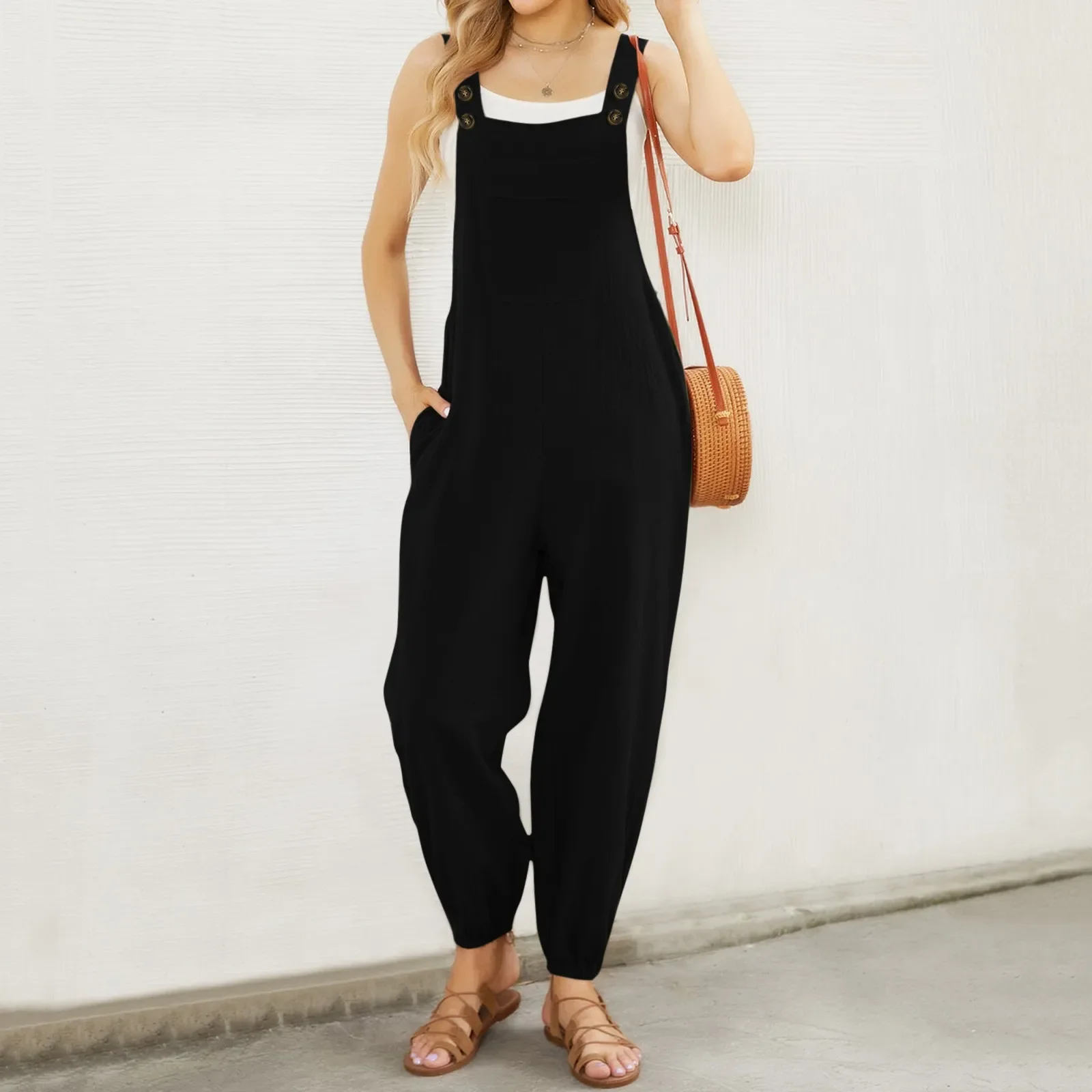 Plus Size Autumn Women Fashion Loose Casual Overalls Cotton Linen Rompers Long Jumpsuits Solid Color Strappy Pockets Dungarees
