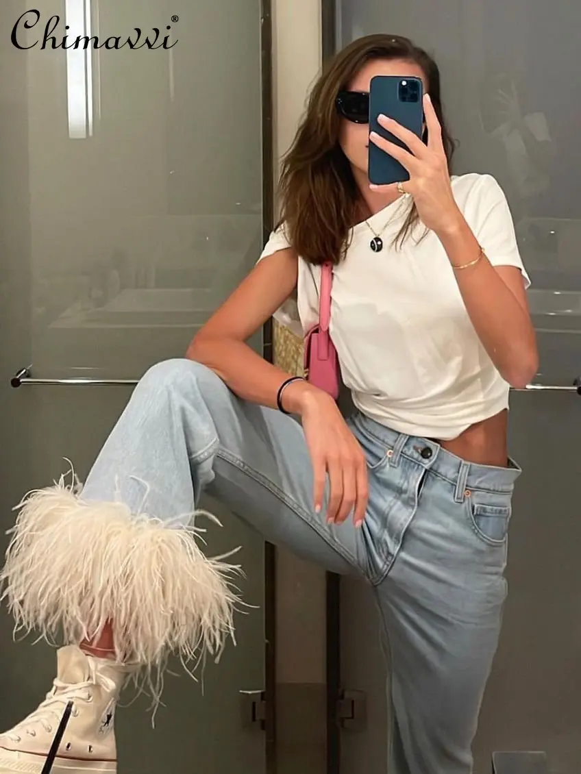 

Ostrich Feather Design Jeans 2022 Autumn and Winter New European Goods High Waist Slimming Temperament Straight Wide Leg Pants