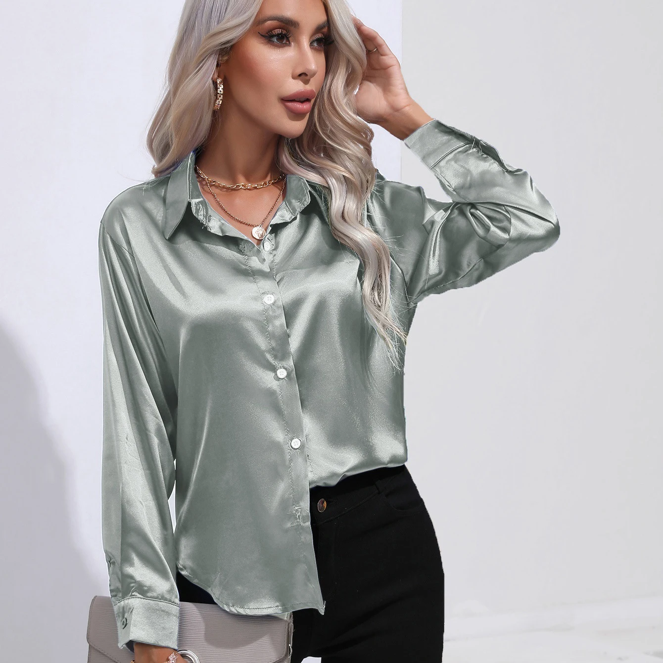 Retro Trend Office Lady Casual Basic Shirt Autumn All-Match Elegant Satin Shirt Loose Top Multi-Color Dance Party Women Shirt