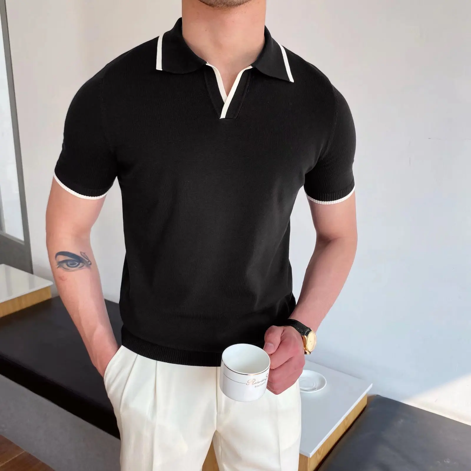 Casual Lapel Polo Shirt Men's Business All-match Slim-fit Micro-elastic T-shirt Summer Breathable Knitted Short-sleeved Shirt