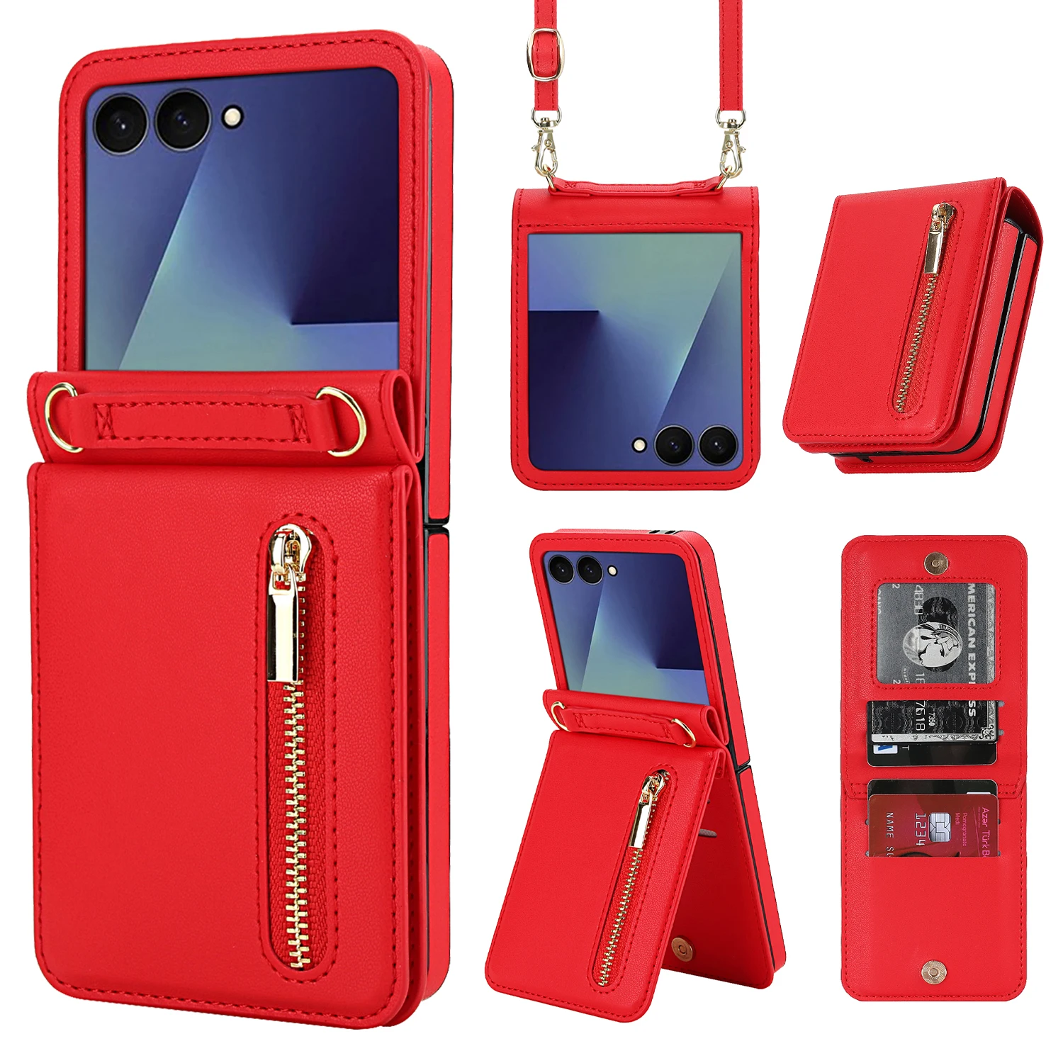 Leather Wallet Phone Case with Zipper Pocket, Kickstand, and Crossbody Strap - Shockproof and Protective