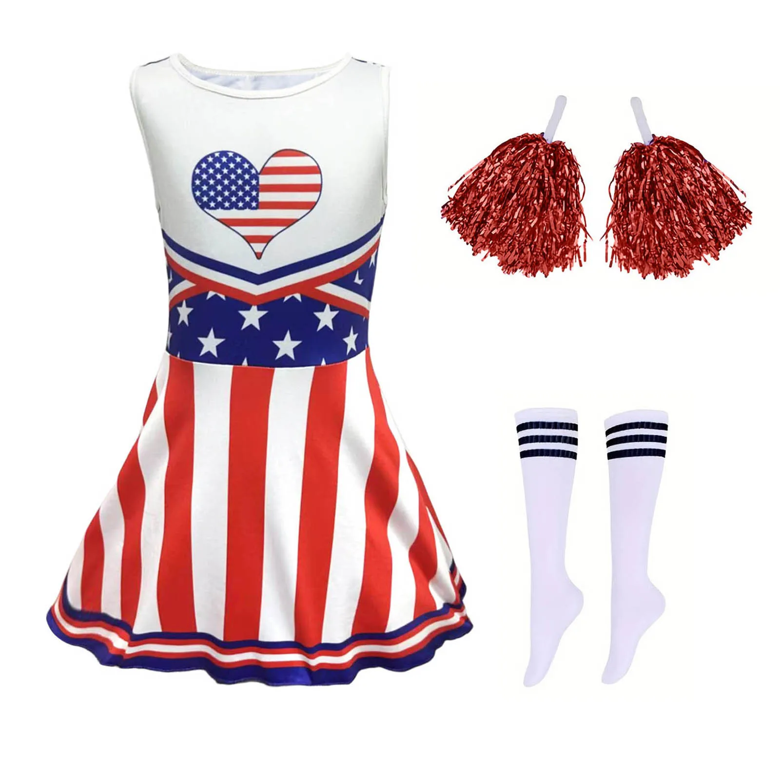 Kids Girls Cheer Leader Costume School Sports Cheerleading Uniform Print Ruffled Dress with Pom Poms Stripe Sock Cheer Outfit