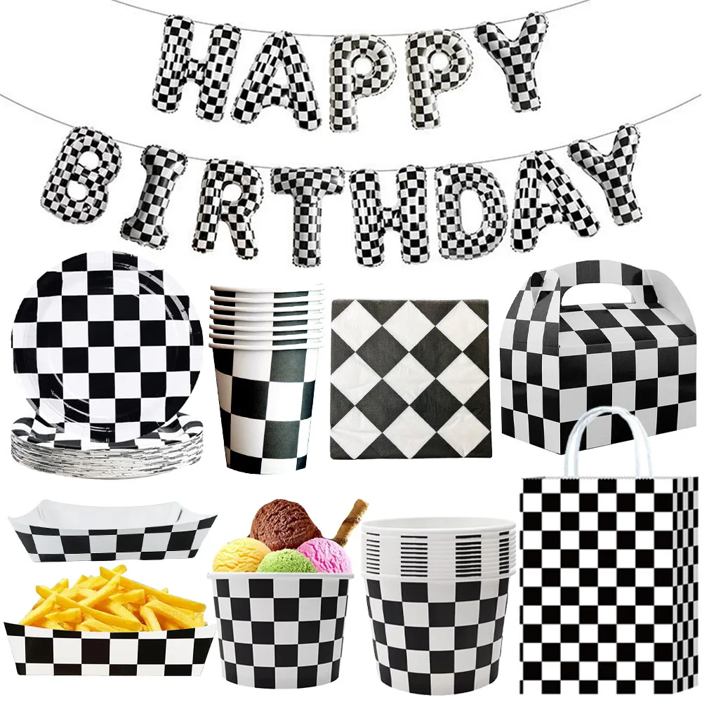 Racing Car Theme Birthday Party Supplies Set with Checkered Design - Includes Balloon Banner, Plates, Cups, Napkins, Food Boxes, and Gift Bags