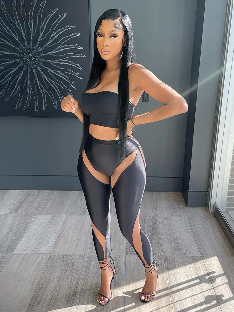 

Mesh Patchwork Tracksuit Women 2 Piece Sets Sexy StraplessTank Tops+Leggings Skinny Party Clubwear Matching Outfits Sport Pants