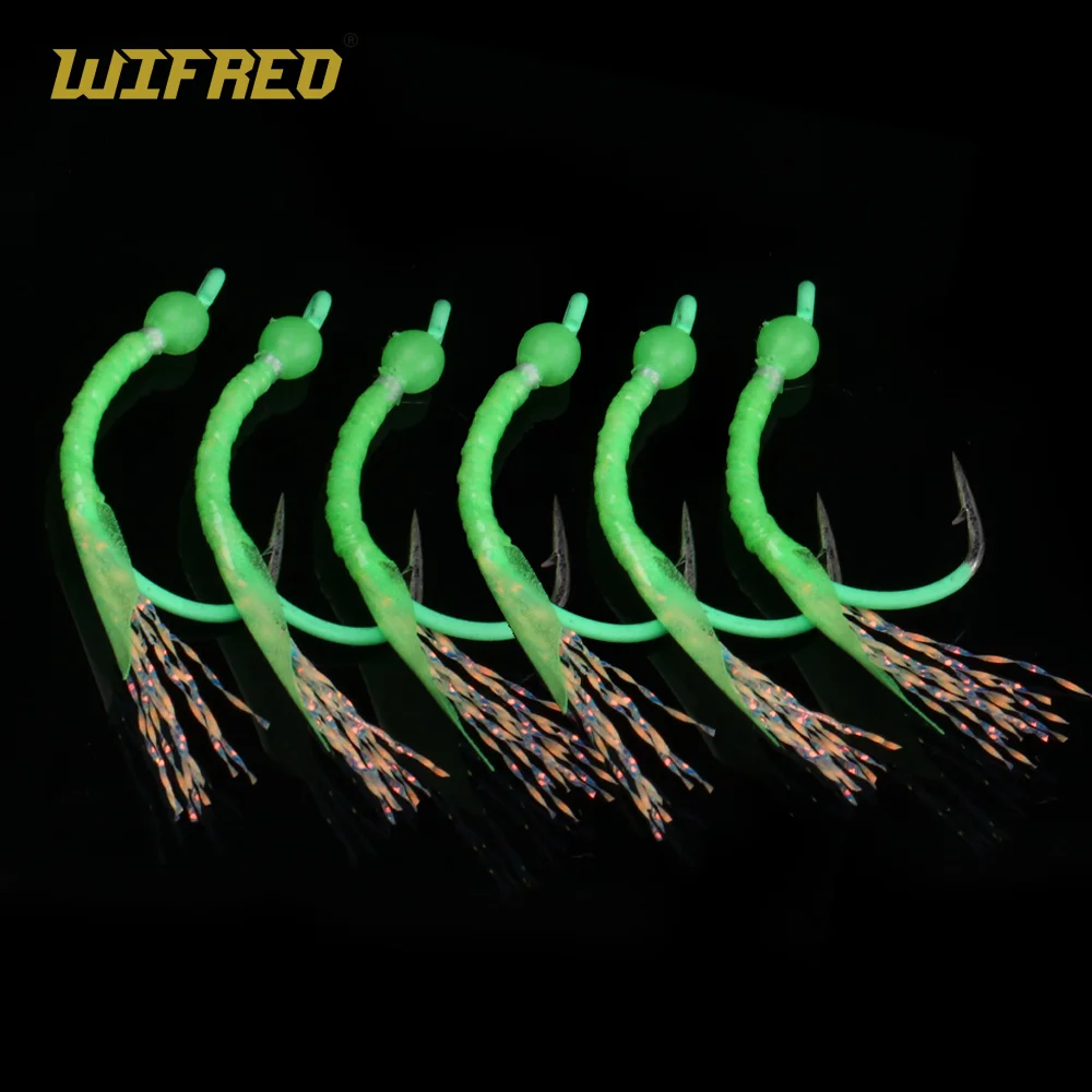 Wifreo 6Pcs Bead Head Luminoso Worm Fly Flash Tinsel Tail Wacky Hook Fly Fishing Mosche Bass Trout Steelhead Fishing Lure Bait