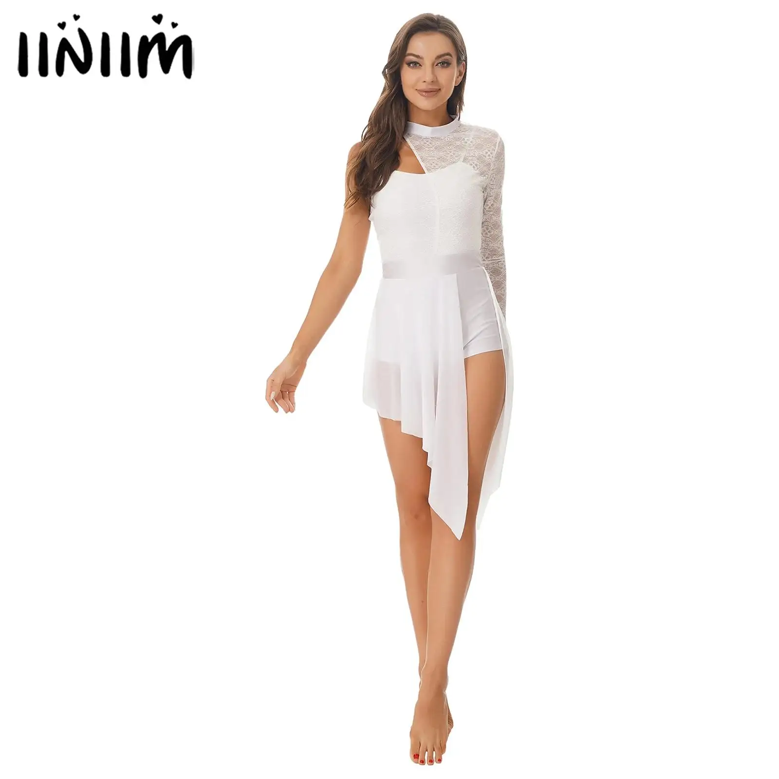 

Womens Lace One Shoulder Gymnastics Figure Skating Ballet Lyrical Dance Dress Split See-through Mesh Asymmetric Hem Dance Dress