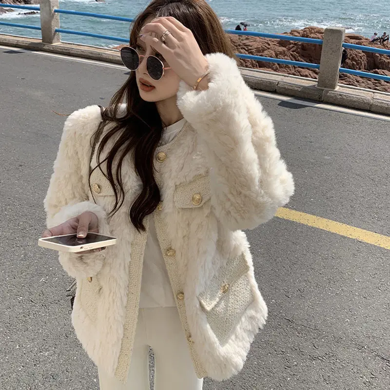 Korean Fashion Lamb Wool Coats Women Streetwear O-Neck Faux Fur Jackets Woman 2023 Autumn Winter Thick Warm Plush Coat 2023 winter maternity coats plus size thick warm pregnant woman lamb wool jackets fashion button fly hooded pregnancy outwear