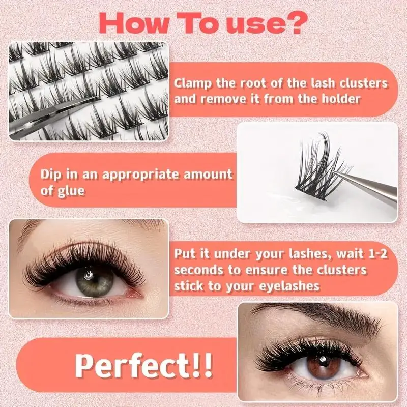 DIY eyelash extensions with 96 lashes, artificial eyelashes with C D curls, 8-16mm thick fluffy eyelash clusters