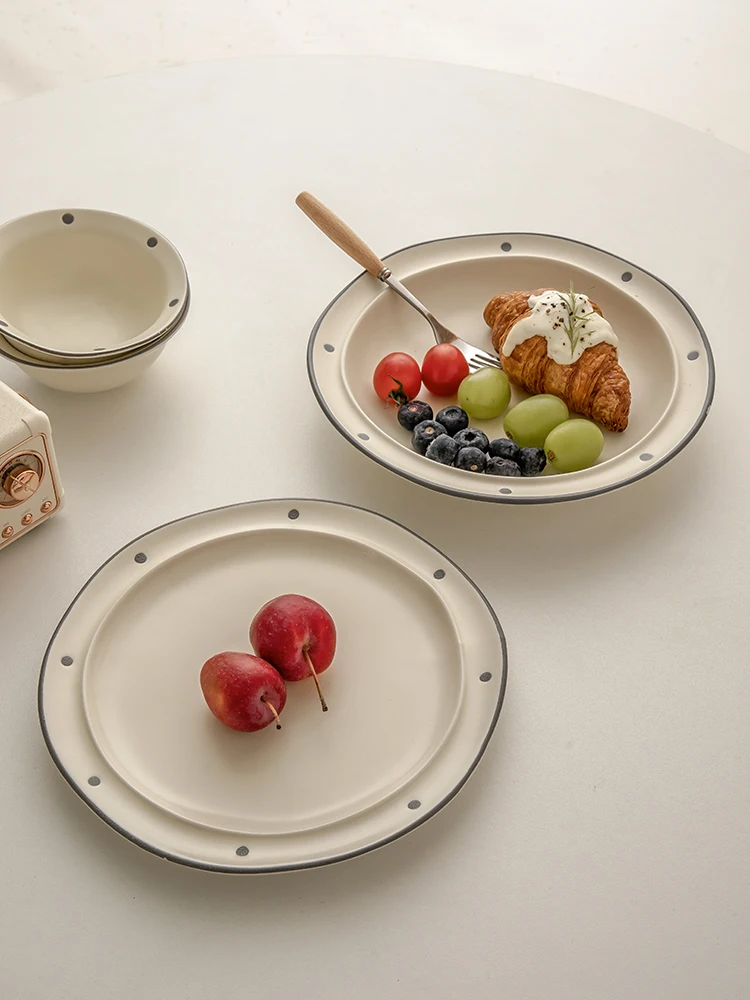 8.5 Inch Matte Dot Style Plate Ceramic Wave Point Plate Retro Irregular Dessert Home Use Tableware Serving Beige