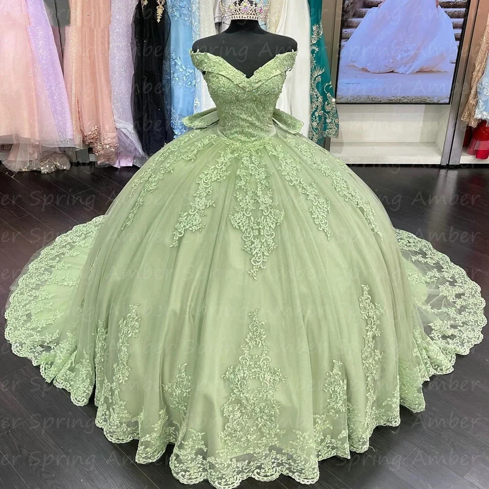 Sage Green Quinceanera Dresses Bow Back Lace Princess Ball Gown Off The ...