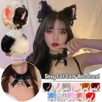 Peluche lapin Sexy oreilles de chat bandeau pour femmes filles dentelle arc collier en peluche cloche bandeau Cosplay mascarade-fête Costume cheveux 6