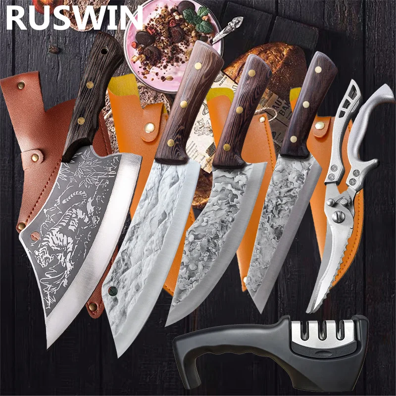 Kitchen Chef Knife Viking Knife with Sheath Japanese Forged Japan Knives  Boning Knife Meat Knives Outdoor Camping BBQ Knife