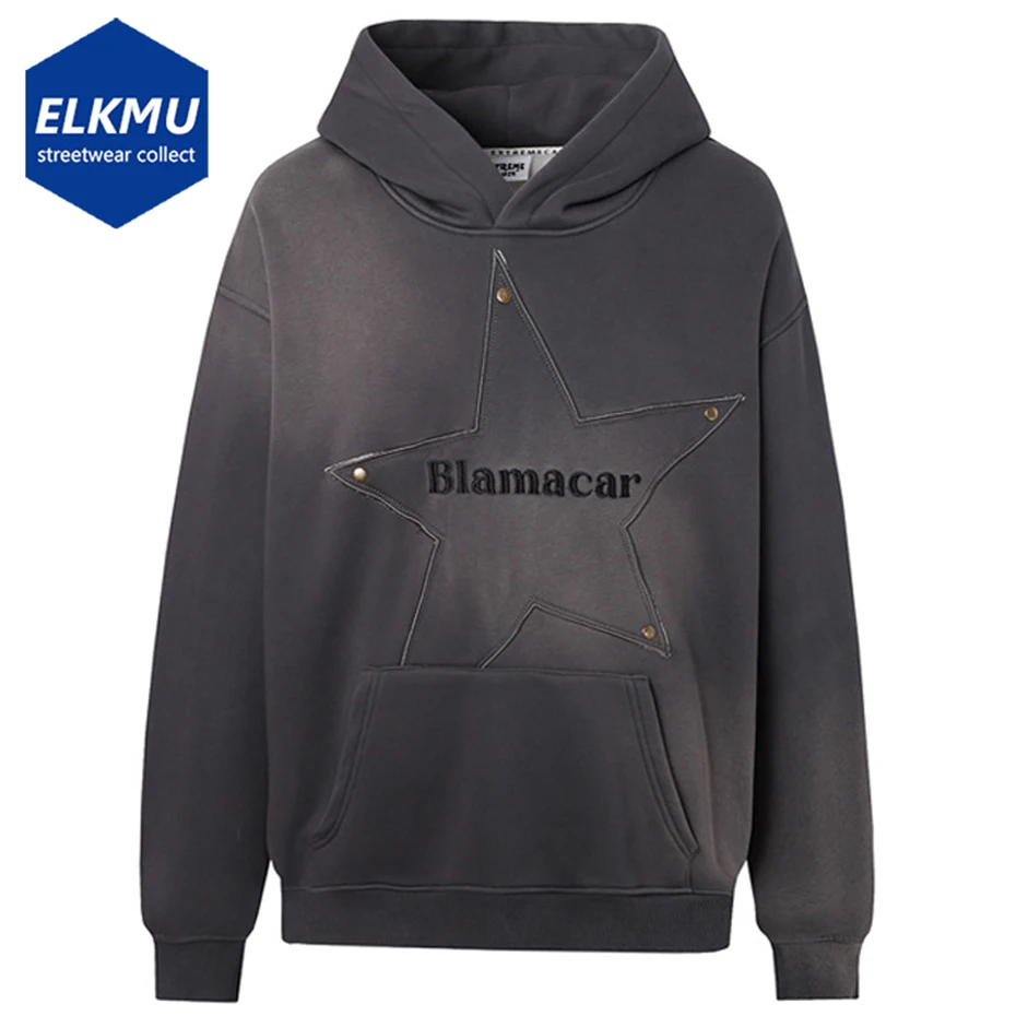 

Vintage Men Hoodies Star Splicing Hip Hop Streetwear Y2K Hoodies Black Gray Loose Pullover Hoodies Fall Winter Fleece Sweatshirt