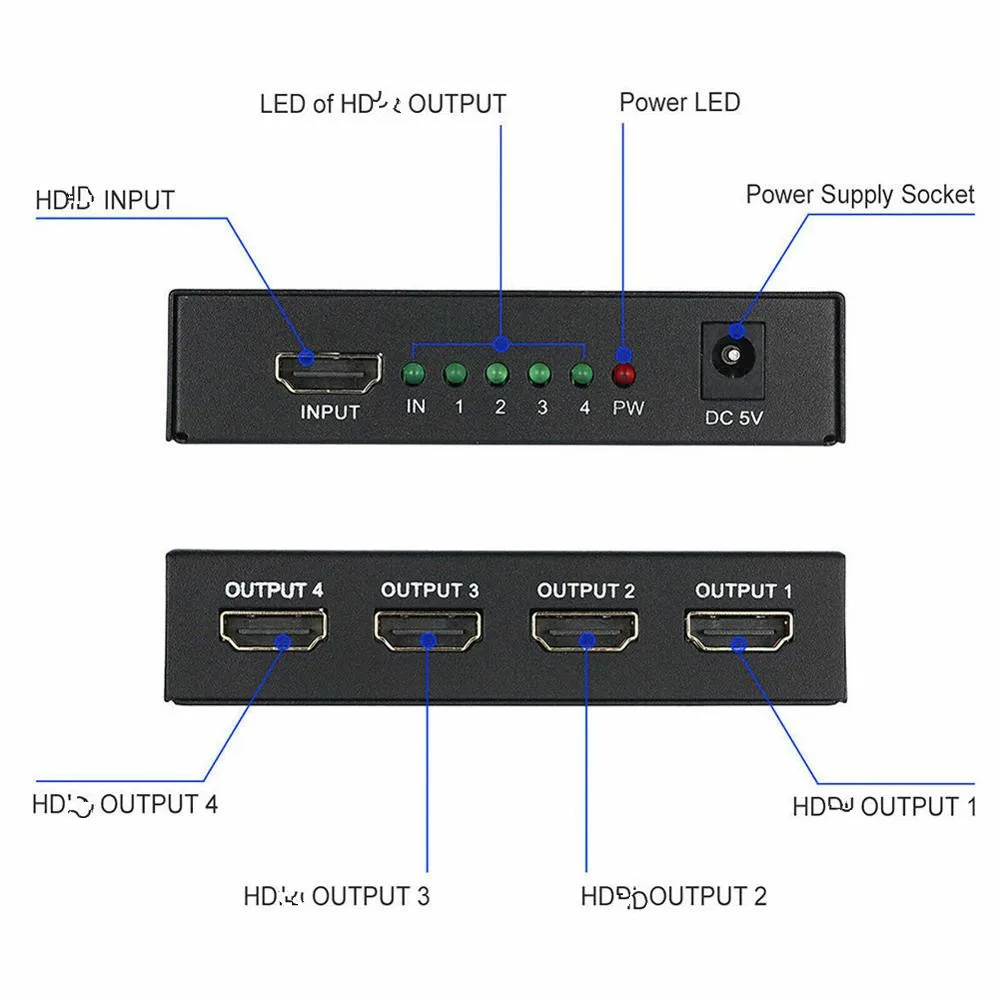 3D 1080P HDMI-compatible Splitter 1 in 4 out Power Signal Amplifier Audio Spliter Switch HD Converter Adapter