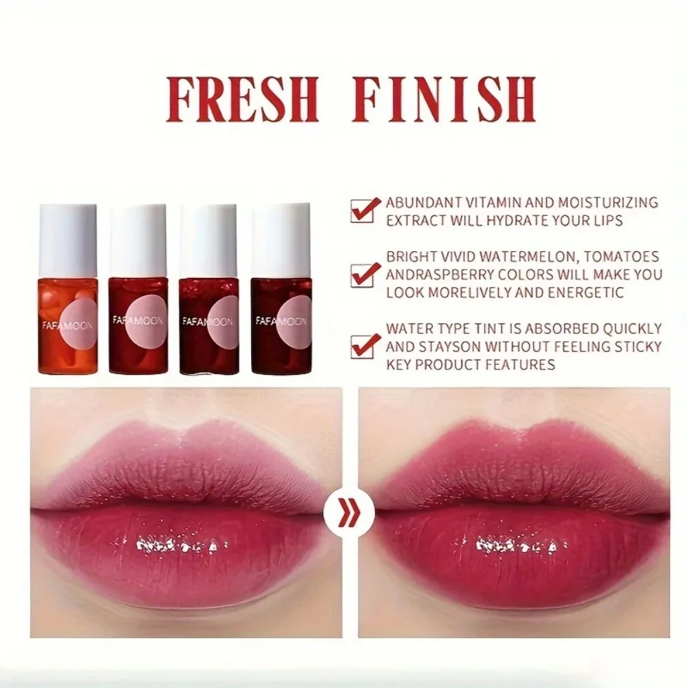 Strawberry Fruity Lip Tint Water Gloss Tint Moisturizing Waterproof Liquid Lipstick Non-Stick High Pigment Long-Lasting 4 Colors