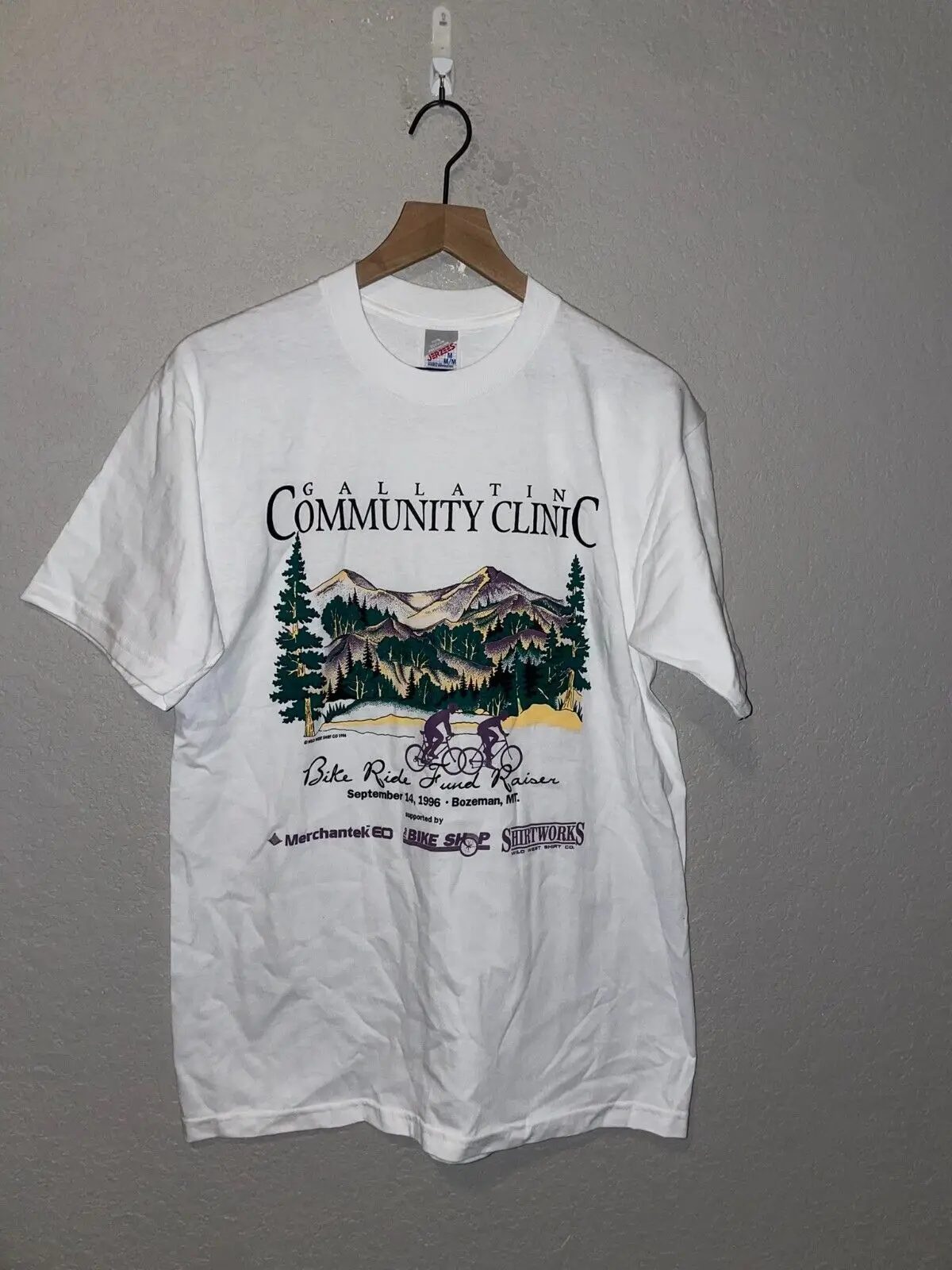 1996 Bike Ride Fondo Raiser Gallatiin Comunità Ciclismo Camicia Bianca Anni '90 Vtg M Medi