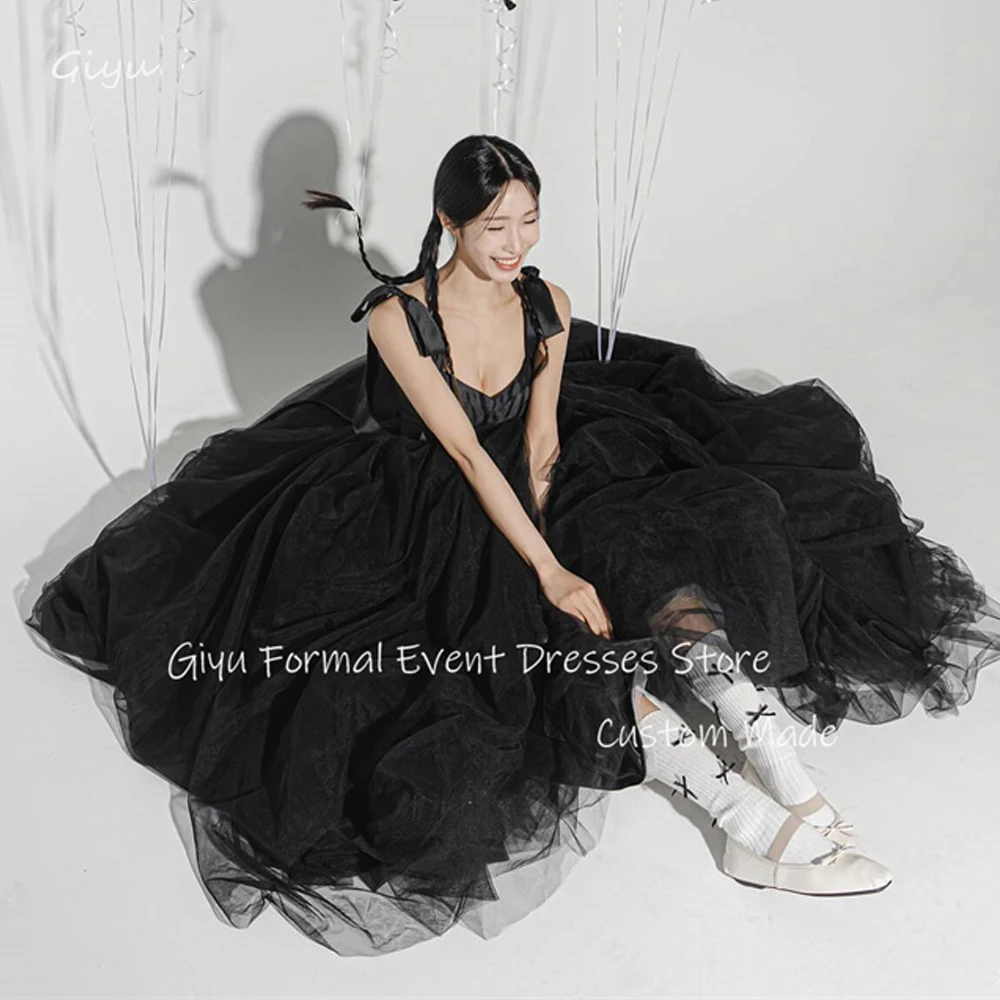 

Giyu Simple Black A Line Evening Dresses Korea Wedding Photoshoot Straps Soft Tulle Prom Gowns Formal Party Dress Corset Back