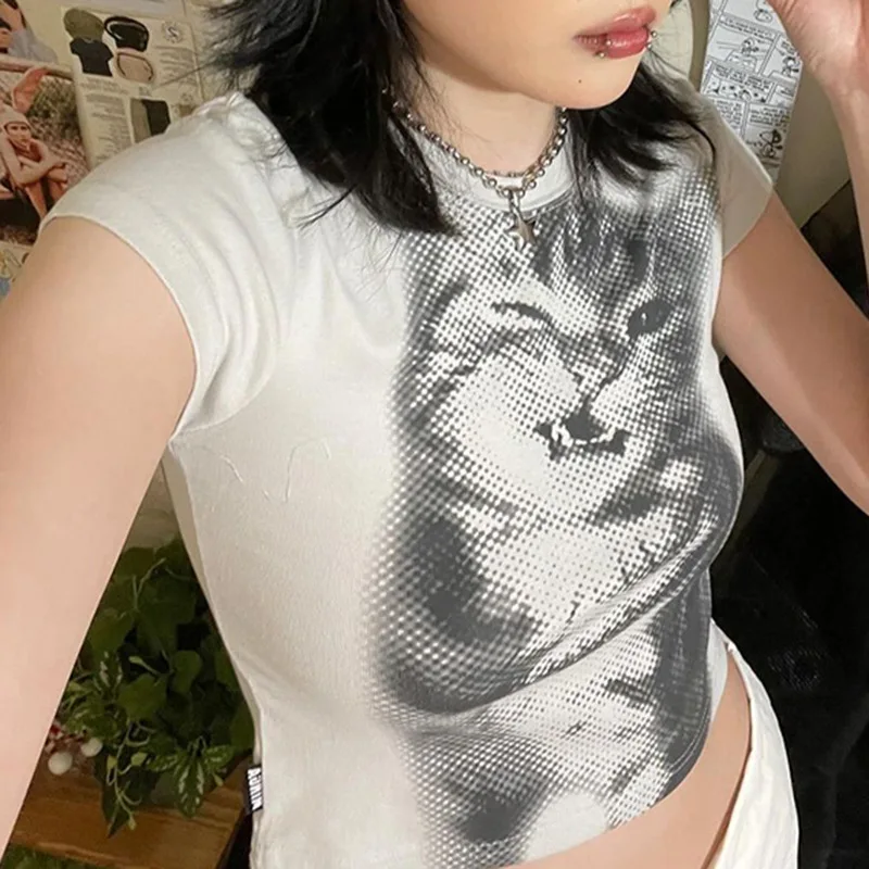 Harajuku Animal Print Crop Top Basic White Short Sleeve Crewneck T-shirt Women Casual Slim-fitting Tees Lady y2k Vintage 4