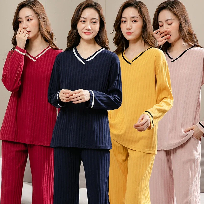 

2023 Autumn Plus Size Long Sleeve V-neck Cotton Pajama Sets for Women Korean Cute Sleepwear Pyjama Homewear Home Clothes Outfits