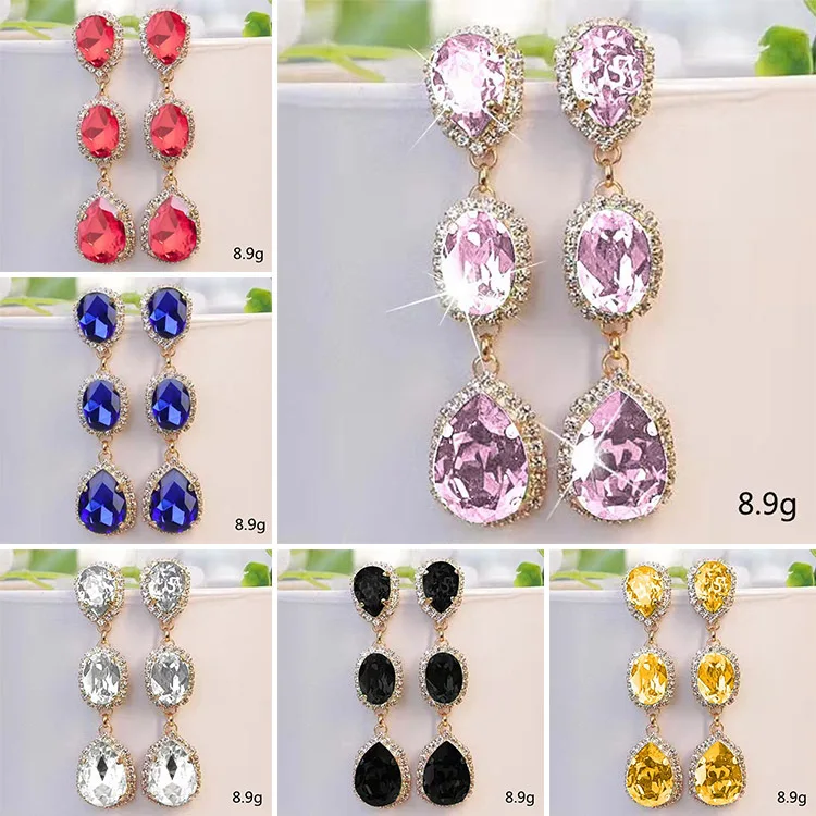 New Tassel Gold Multicolor Gemstone Inlaid Zircon Earrings Long Face Slim Temperament Light Luxury Jewelry Wholesale |