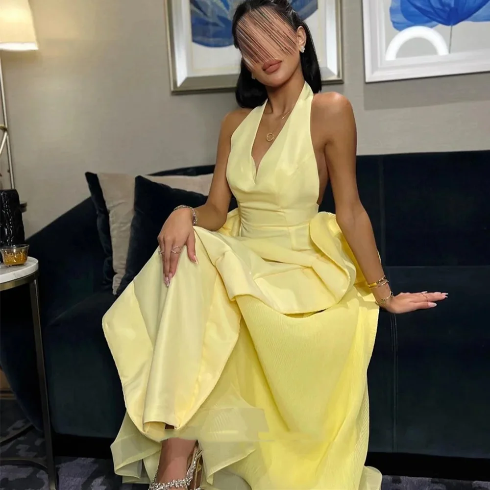 

Floral Sexy Yellow V-Neck Evening Dress Saudi Arabia Sleeveless Floor Sweeping Soft Satin Bridal Dress 2024