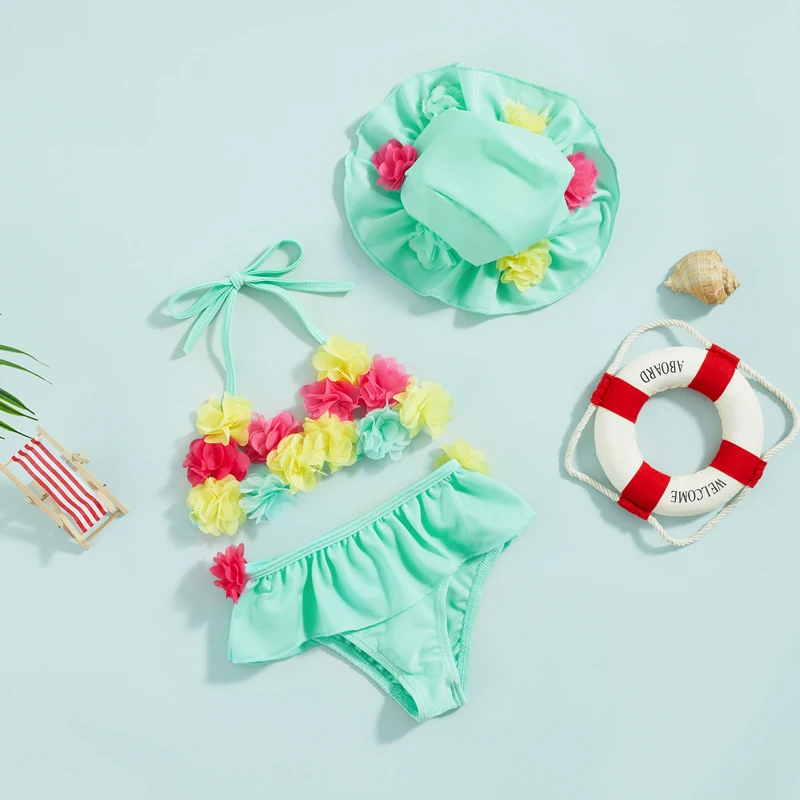 New 0-24 Months Infant Baby Girls 3 Pcs Swimsuits Flower Tie-Up Halter Neck Tanks Ruffles Shorts + Sun Hat Kids Bikini Set