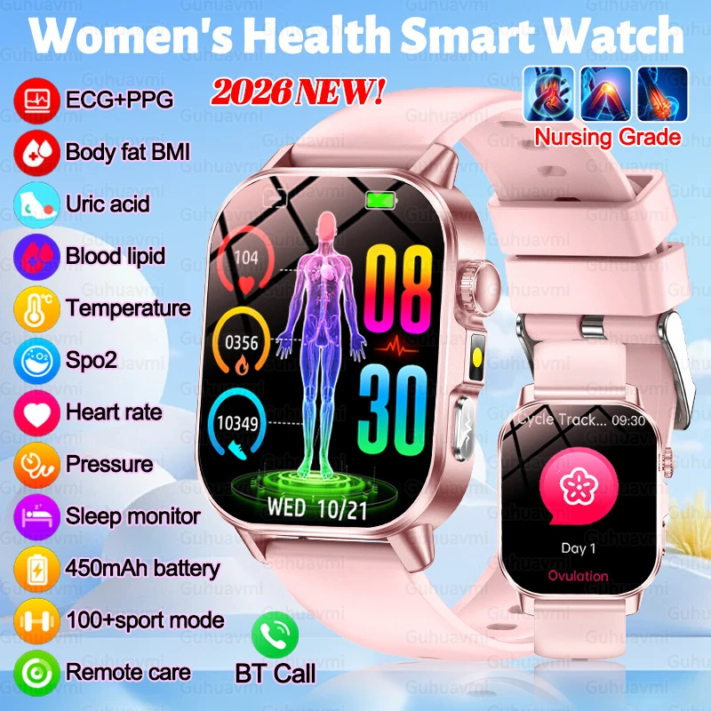 Nieuwe smartwatch voor vrouwen (2026) met ECG, lichaamsvetmeting, BMI, urinezuurmeting, bloedlipidenmeting, hartslagmeting, Bluetooth-bellen en een AMOLED-scherm. Geschikt voor iOS en Android._voghion.com