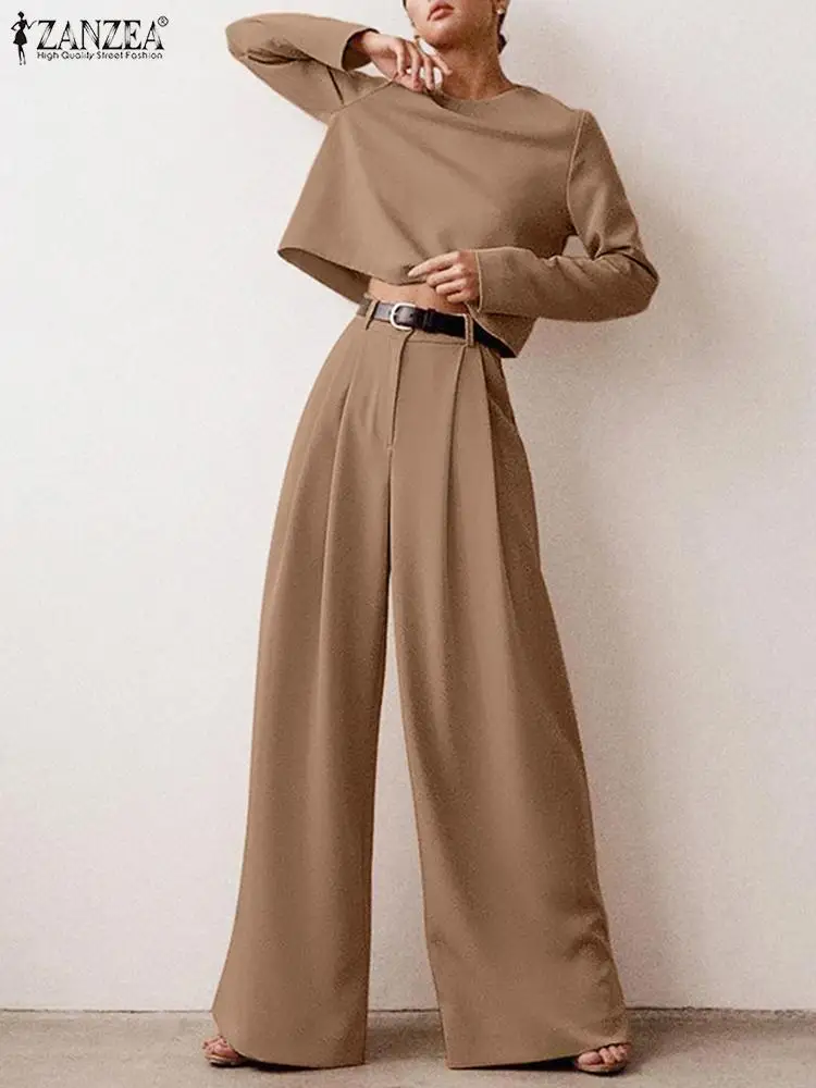 

Модные городские спортивные костюмы ZANZEA, Осенние винтажные подходящие комплекты, женский элегантный однотонный костюм из 2 предметов, блузка с длинным рукавом и широкие брюки 2023