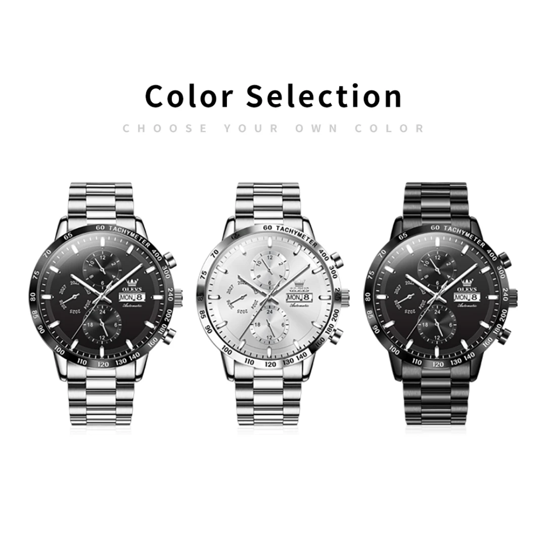 OLEVS 6683 Mechanical Sport Watch Gift Stainless Steel Watchband Round-dial Wristwatch Week Display Calendar Small second