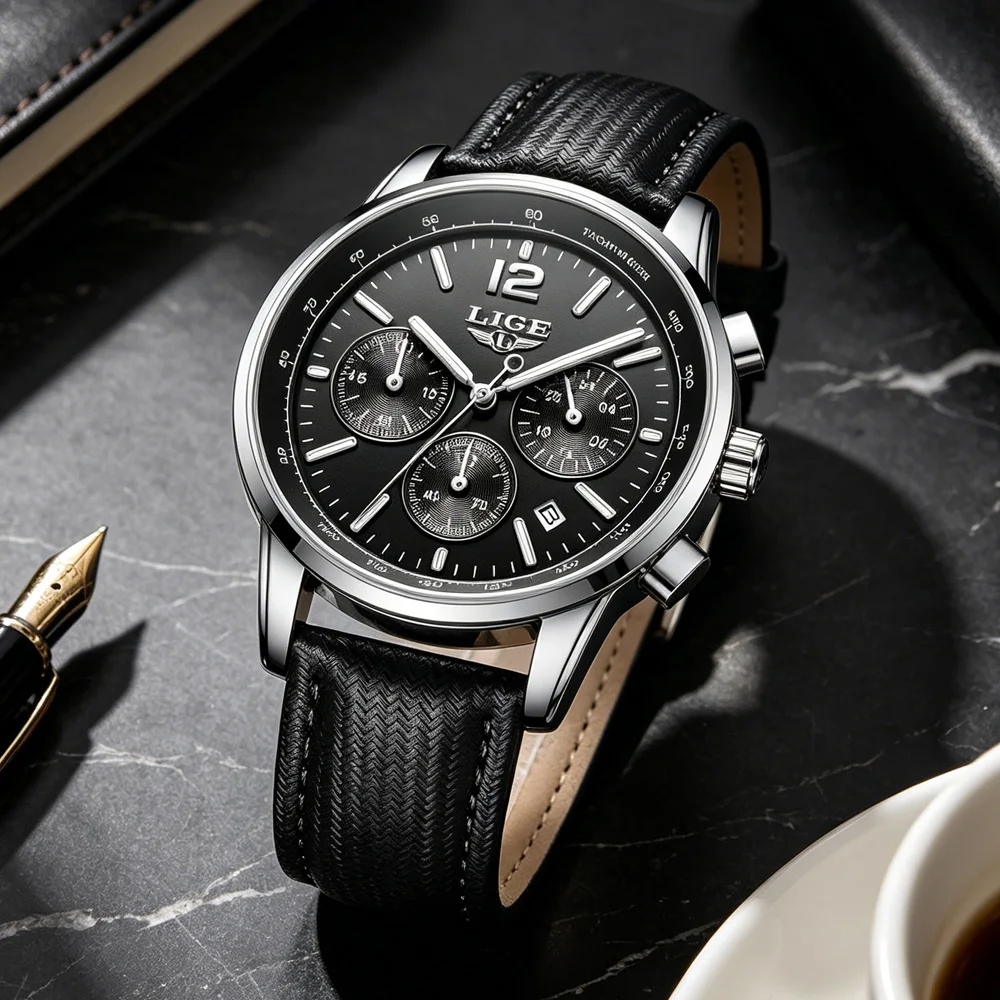 Luxury Men's Leather Watch - LIGE Chronograph Sport Waterproof with Gift Box