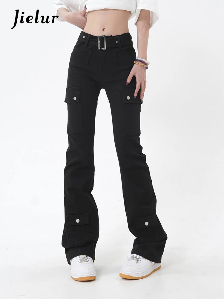 Jielur Fashion Slim Black Jeans American Style Ins Solid Color Chic Buttons Female Flare Pants Full Length Casual Women's Jeans