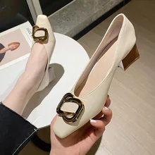 

Toe Genuine Leather 2022 Spring New Chunky Heel Low-Cut Low Top Women's Shoes Metal Buckle Korean Style Soft Leather Shoes