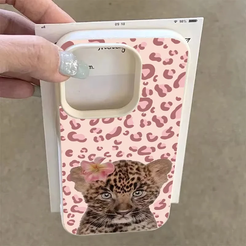 Pink Leopard Print Shockproof Phone Case with Cub Pattern