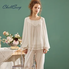 

Free Shipping Light Luxury Spring And Autumn Long-Sleeved Pajamas 2-Piece Set Women's Lace Mesh Home Clothes Multi-Color Choice