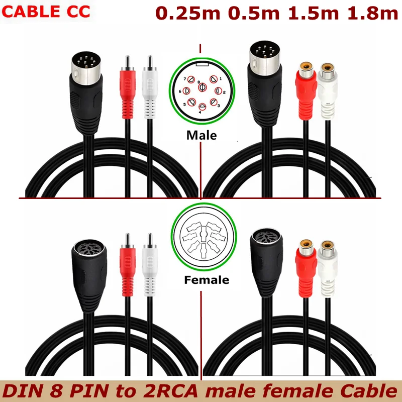 

50cm 150cm Din 8-pin to 2RCA Lotus Connector Cable for Male and Female Audio Adapter Cables for Instrument Audio Equipment