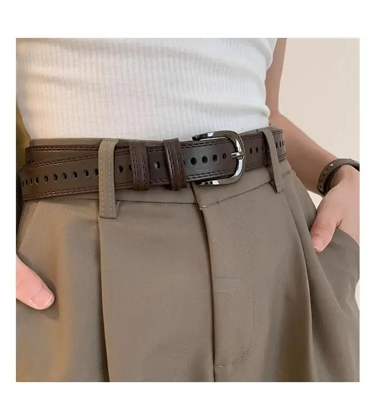 RICYGVM Jeans-Hosengürtel für Damen, volles Loch, Ledergürtel, modisch, schlicht, Dornschließe, Bund, Schwarz, Kaffee, Studenten-Gürtel – Detail 7