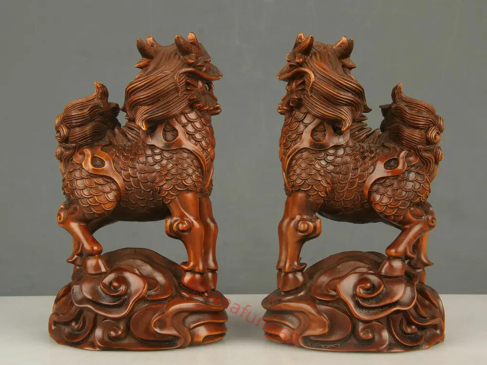 Chinese Exquisite Hand-carved Kirin Carving Boxwood statue 2pcs 5
