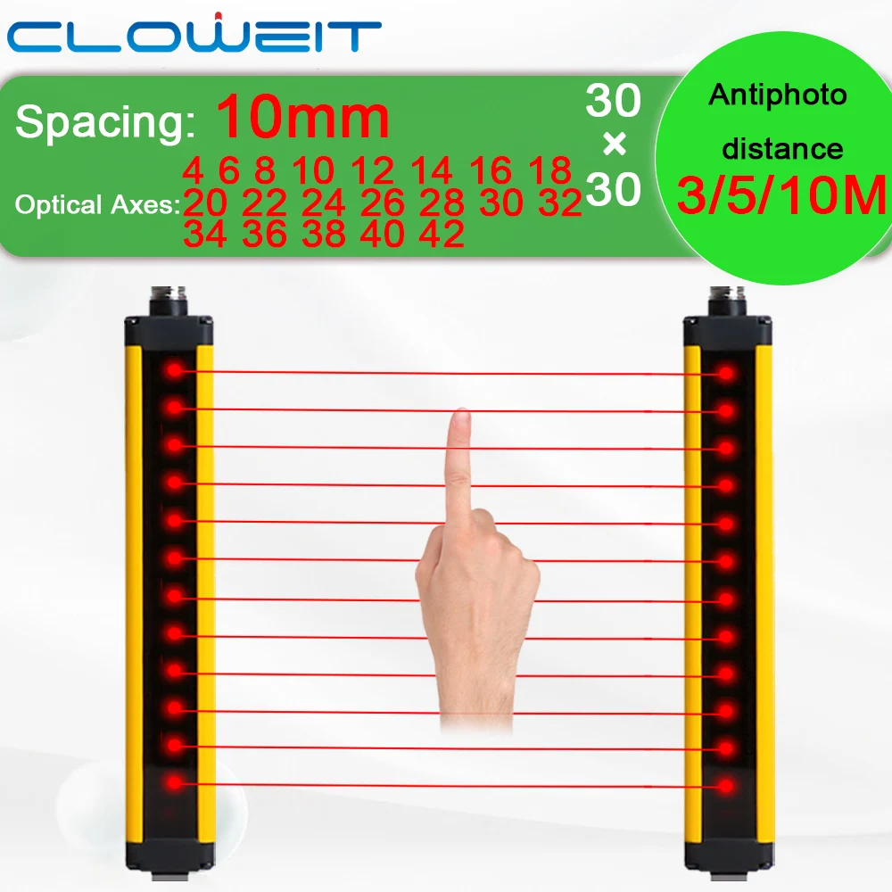 Cloweit-cortinas de Luz de Segurança com Vigas Interruptor Fotoelétrico Protect Sensor de Área 24v 30×30 Aps30 04104210 m m 10m Npn Pnp 10 Milímetros