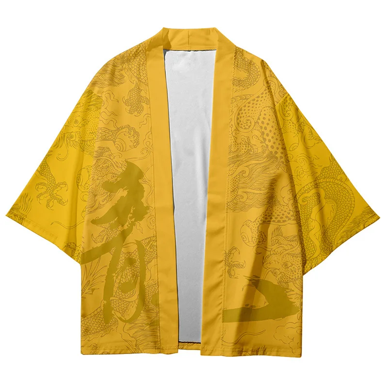 Men's Japanese Kimono Loose Cardigan Comfortable Daily Summer Chinese Style Anime Print Yellow Shirt Top Women Haori