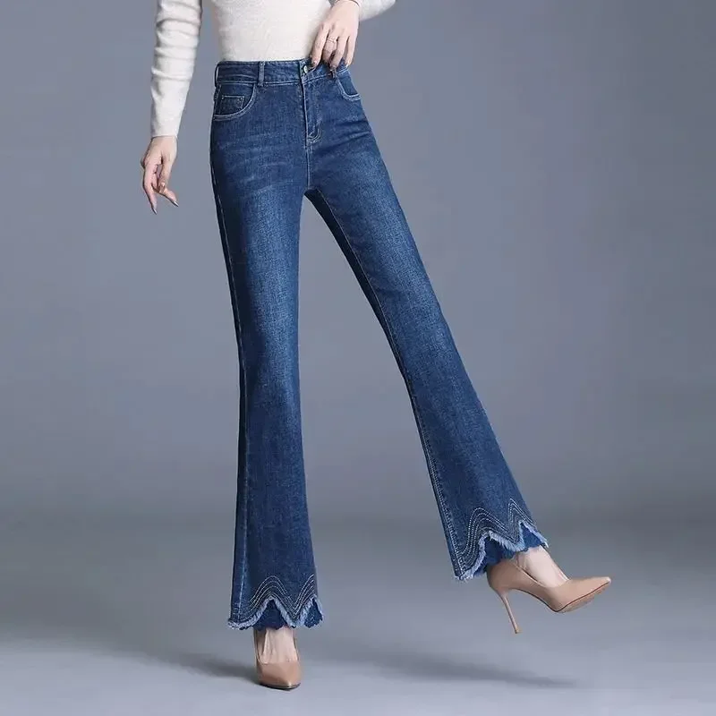 

Flared Lace Womens Jeans Flare High Waist Shot Bell Bottom Trousers Blue with Pockets Pants for Women South Korea Cowboy Basics